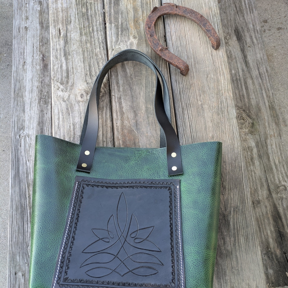Handmade Green Leather Tote with Black Embossed Front Panel