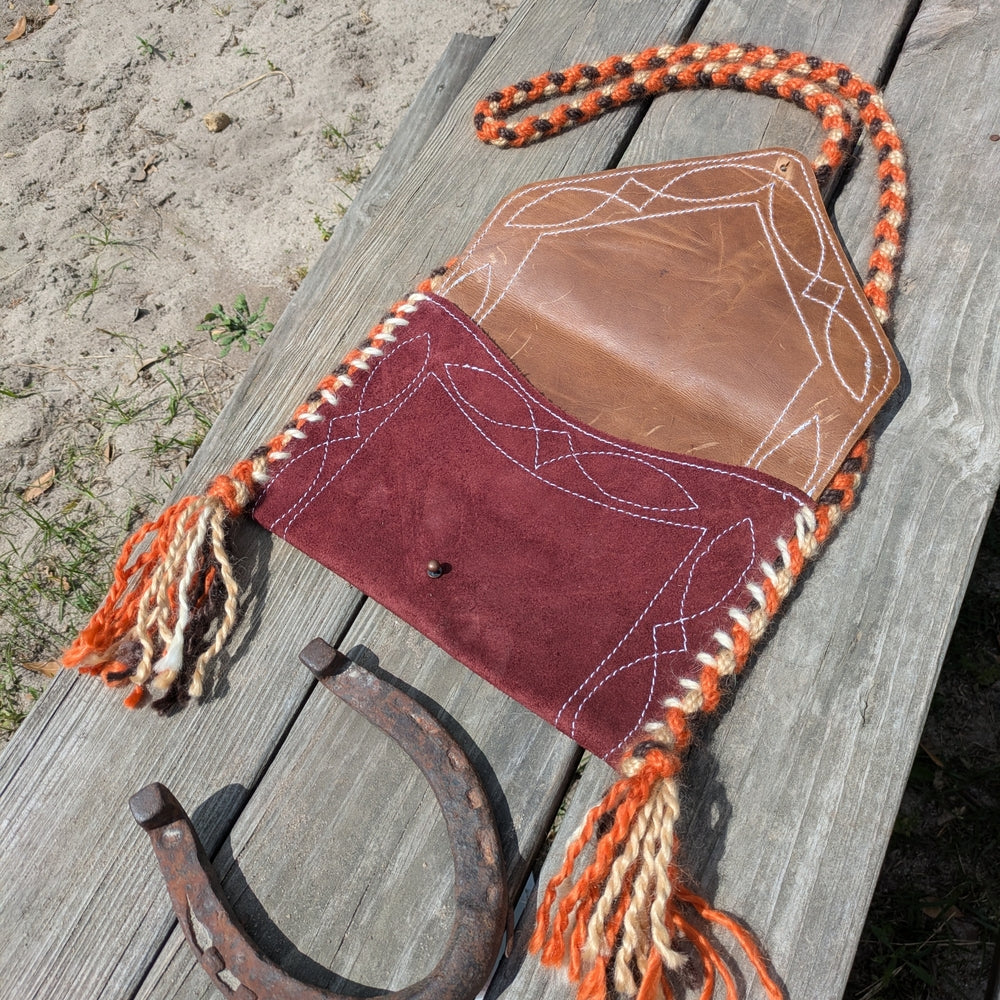 Suede Envelope Crossbody Bag in Burgundy with Braided Orange Strap