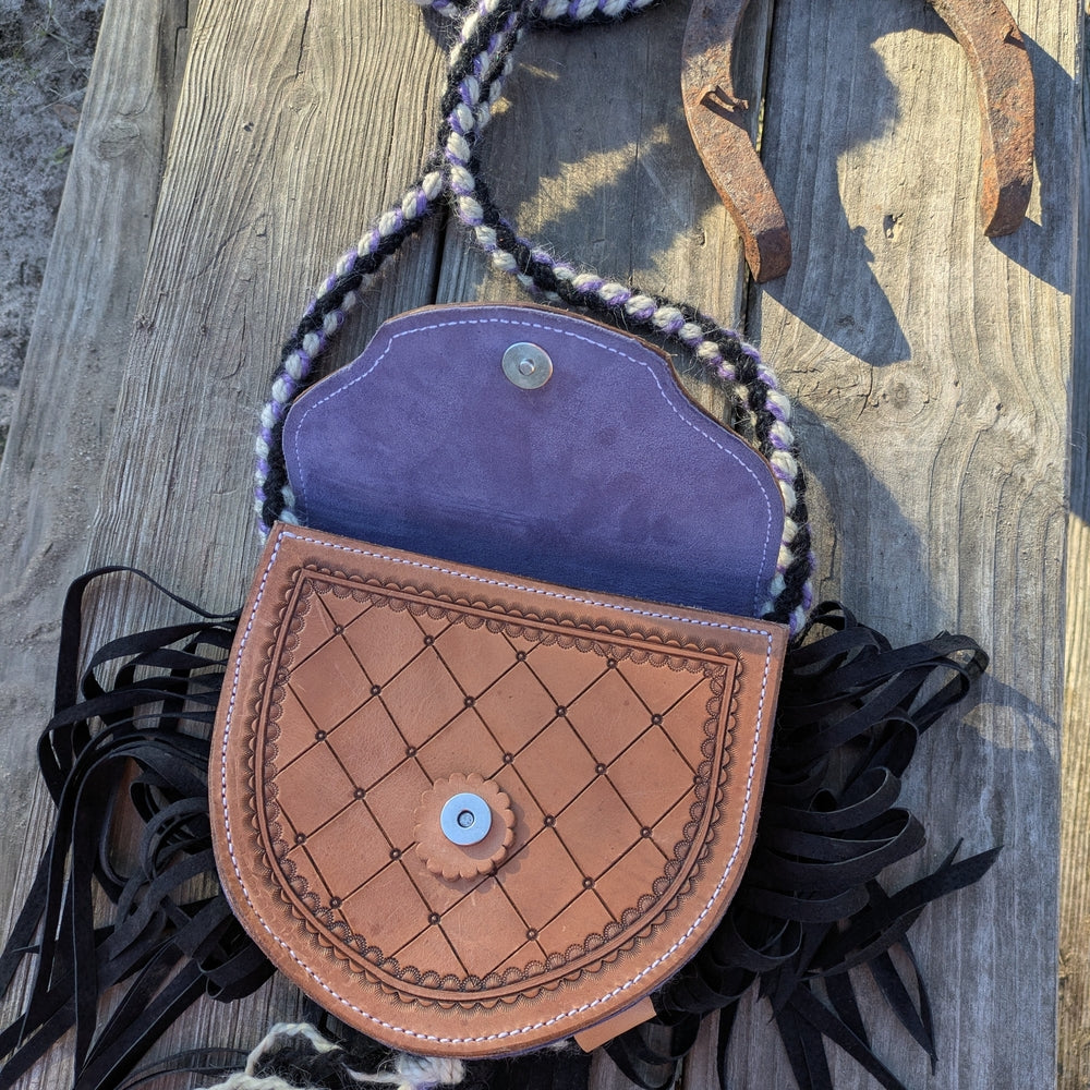 Hand-Tooled Leather Fringe Crossbody Bag - Tan & Black