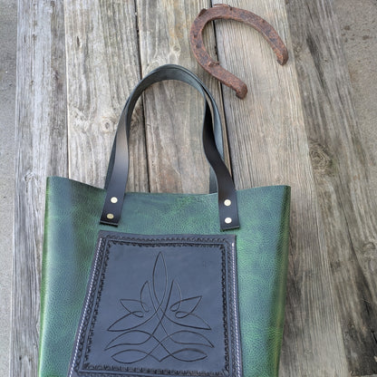 Handmade Green Leather Tote with Black Embossed Front Panel